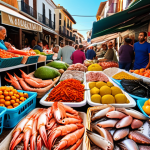 A vibrant Spanish marketplace overflowing with fresh seafood, colorful fruits, and local vendors passionately sharing their stories and recipes.