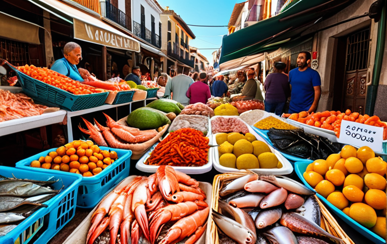 A vibrant Spanish marketplace overflowing with fresh seafood, colorful fruits, and local vendors passionately sharing their stories and recipes.
