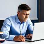 A professional adult, fully clothed in a modest business shirt and trousers, sits at a modern desk, surrounded by a pile of complex, foreign-language legal documents. The person's expression conveys a sense of concentrated bewilderment, looking at one document with a slightly furrowed brow. A laptop screen in the background displays more technical text. The setting is a well-lit contemporary office or study. Perfect anatomy, correct proportions, natural pose, well-formed hands, proper finger count, natural body proportions, safe for work, appropriate content, fully clothed, professional photography, high quality.