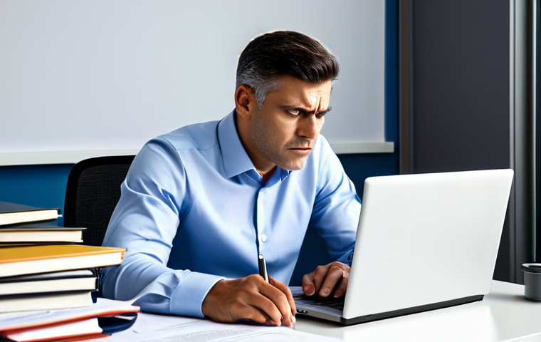 A professional adult, fully clothed in a modest business shirt and trousers, sits at a modern desk, surrounded by a pile of complex, foreign-language legal documents. The person's expression conveys a sense of concentrated bewilderment, looking at one document with a slightly furrowed brow. A laptop screen in the background displays more technical text. The setting is a well-lit contemporary office or study. Perfect anatomy, correct proportions, natural pose, well-formed hands, proper finger count, natural body proportions, safe for work, appropriate content, fully clothed, professional photography, high quality.